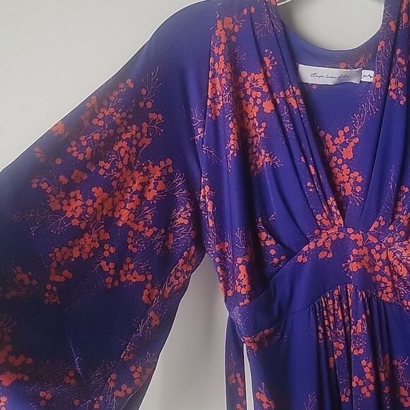 T Bags XS Blue Floral Kimono Mini Stretchy Dress Coquette Waist Tie Sexy Boho - Picture 5 of 13